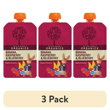 (3 pack) Peter Rabbit Banana Raspberry & Blueberry Organic Fruit Puree 4 oz Toddler Snack