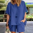 thumbnail image 4 of Dazajoo 2 Piece Travel Sets for Women Summer Short Sleeve Round Neck Pullover Matching Shorts Set Solid Color Baggy Lounge Suits,Blue,L, 4 of 9