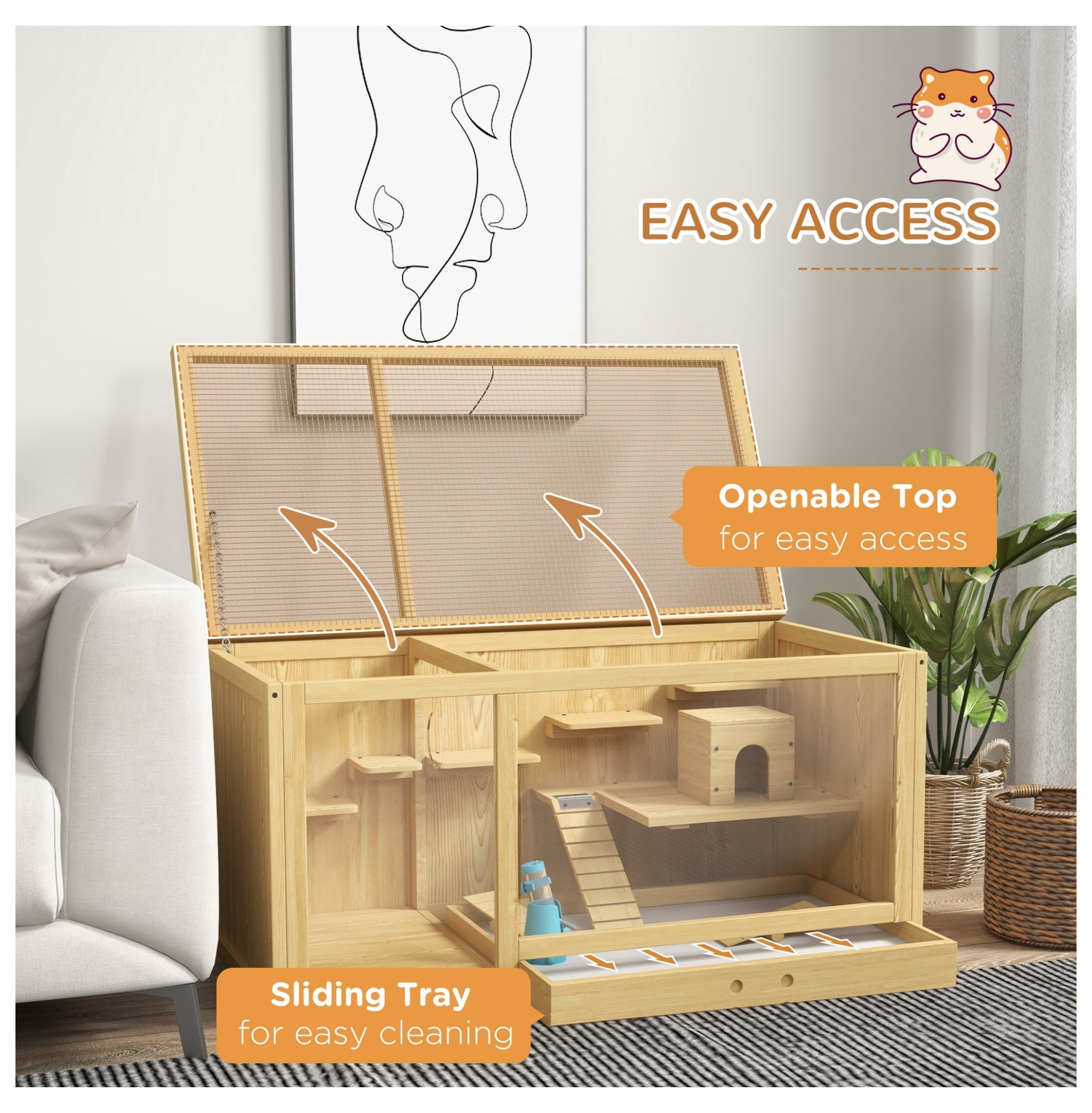 Wooden Hamster Cage, Large Gerbil Habitat, Multi-Level Small Animal Cage w/Tray