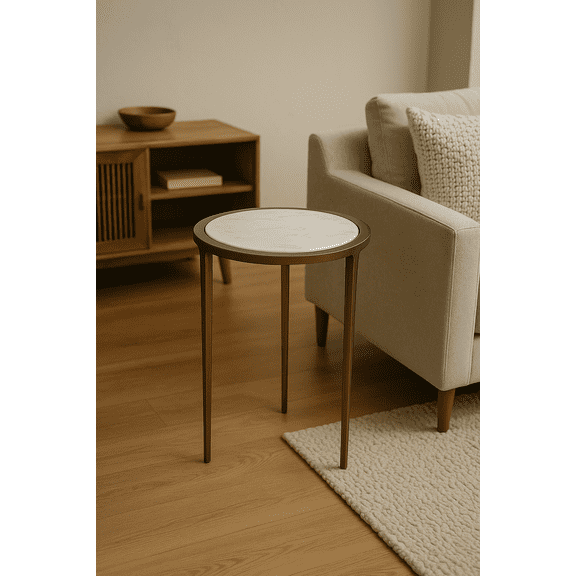 Aarvum Ellora Side Table – White Marble Top with Raised Brass Rim & Tripod Base, Modern Pedestal Accent Table for Luxury Living Spaces