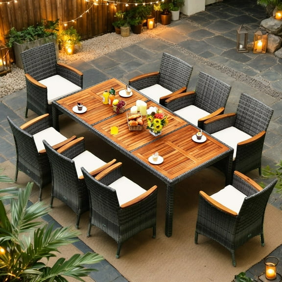 Resenkos 9 Piece Patio Rattan Wicker Dining Furniture Set for 6 People, Sectional Conversation Set with Acacia Wood Beige