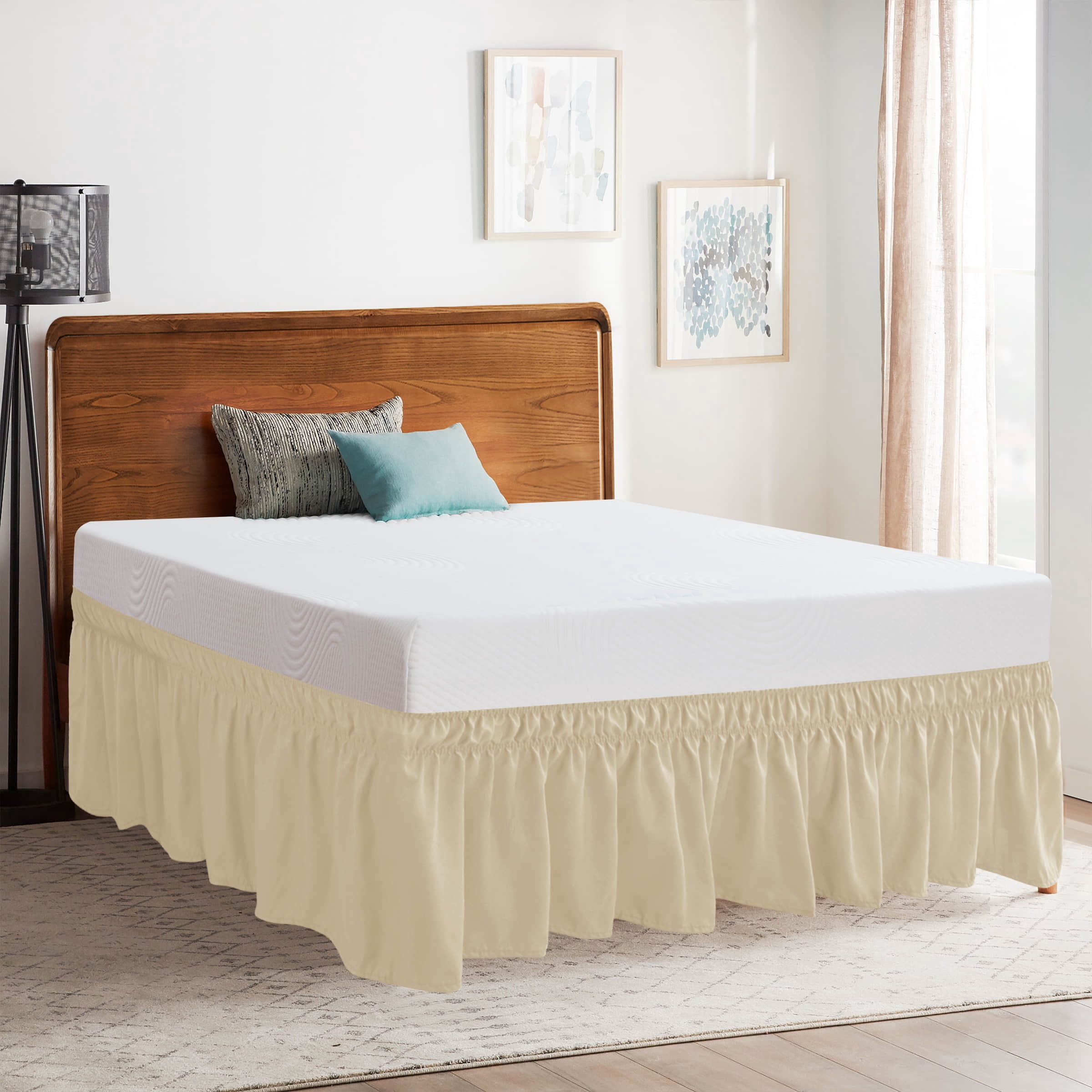 Subrtex Bed Skirt Wrap-Around Dust Ruffle Elastic 15 Inch Bed Cover, Twin, Sand