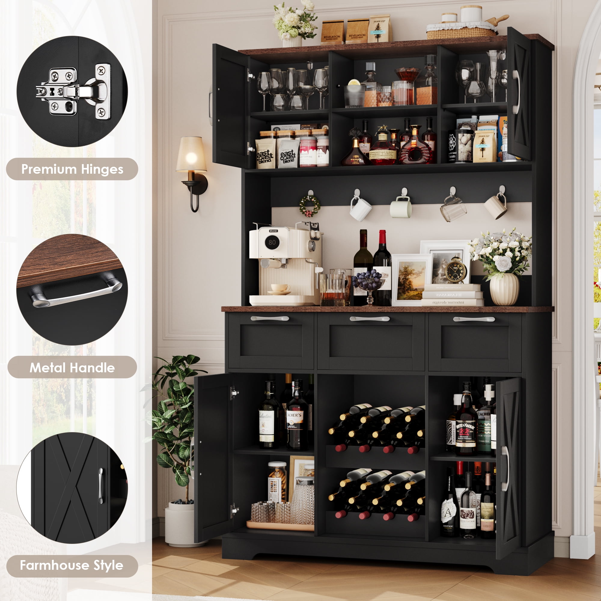Homfa 71'' Tall Wine Bar Cabinet with Storage Hutch & 3 Drawers, Farmhouse Coffee Bar Cabinet Wine Rack with Adjustable Shelves for Kitchen Dining Room, Black