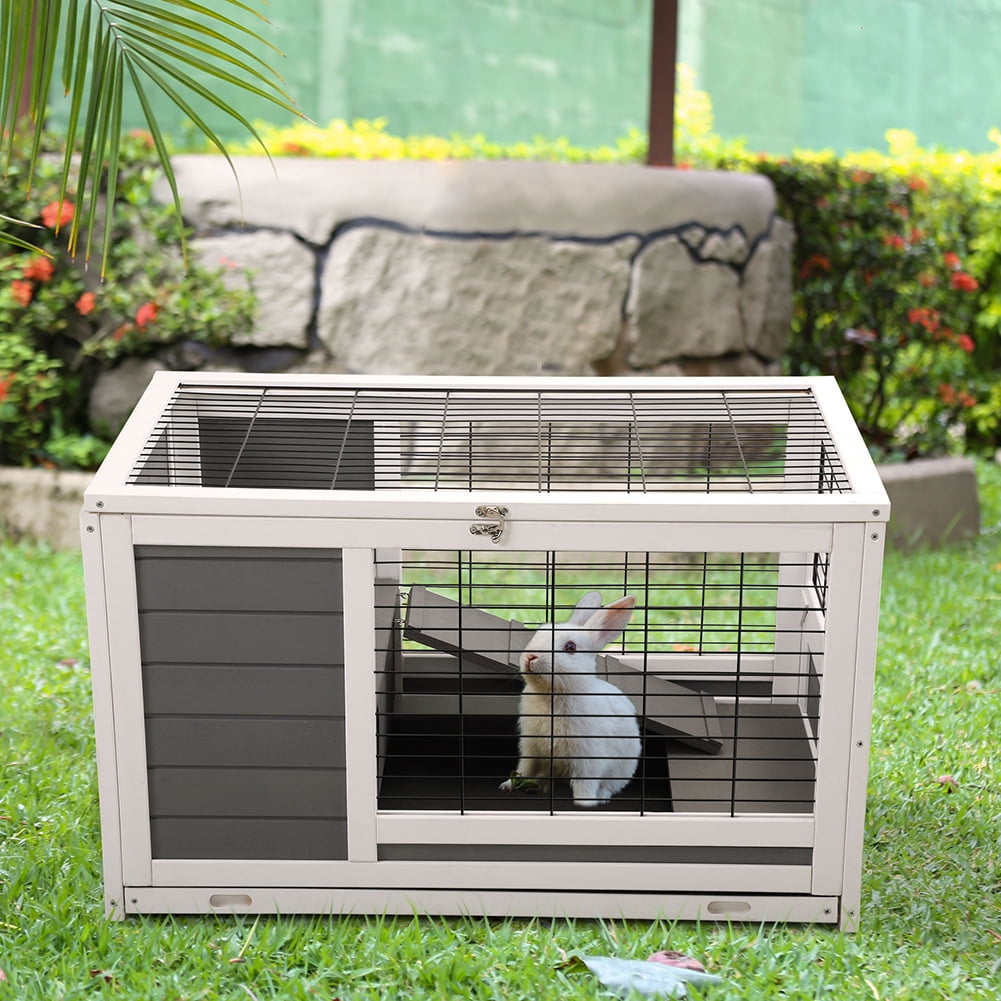 Kadyn All Weather Indoor Outdoor Pet Kennel, Wooden Pet House, 2 Tier Pet Shelter, Gray and White