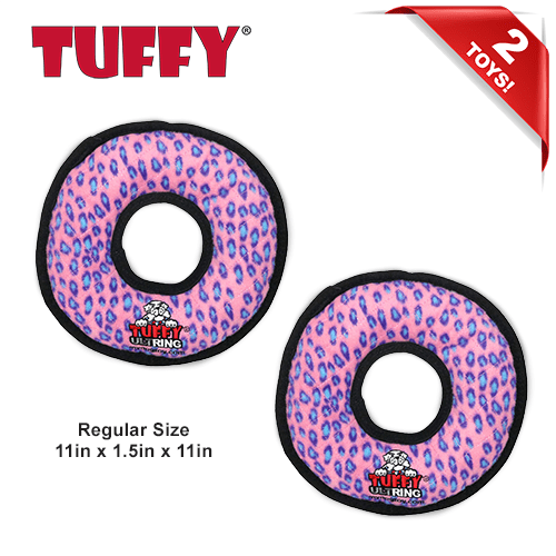TUFFY® Ultimate Ring Pink Leopard, 2-Pack, Durable Plush Squeaky Dog Toys