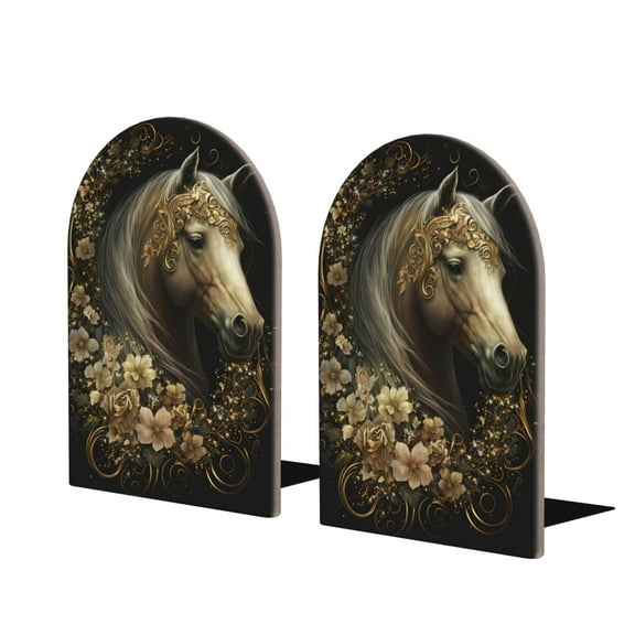 Easygdp Palatial Gold Pattern Horse 2 Pcs Bookend Large Capacity Office Book Ends for Home Office Library School Study Decoration