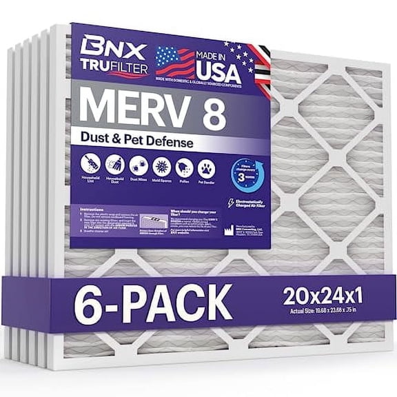 BNX TruFilter 20x24x1 Air Filter MERV 8 (6-Pack) - MADE IN USA – Dust & Pet Defense Electrostatic Pleated Air Conditioner HVAC AC Furnace Filters for Dust, Pet, Mold, Pollen MPR 600 – 700 & FPR 5