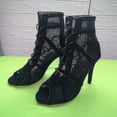 thumbnail image 4 of Zapatos de baile de caña alta para mujer, botas negras de salón, zapatos de salsa y tango, sandalias de tacón alto con recortes de malla para fiesta de moda para niña, verano 2022, 4 of 5