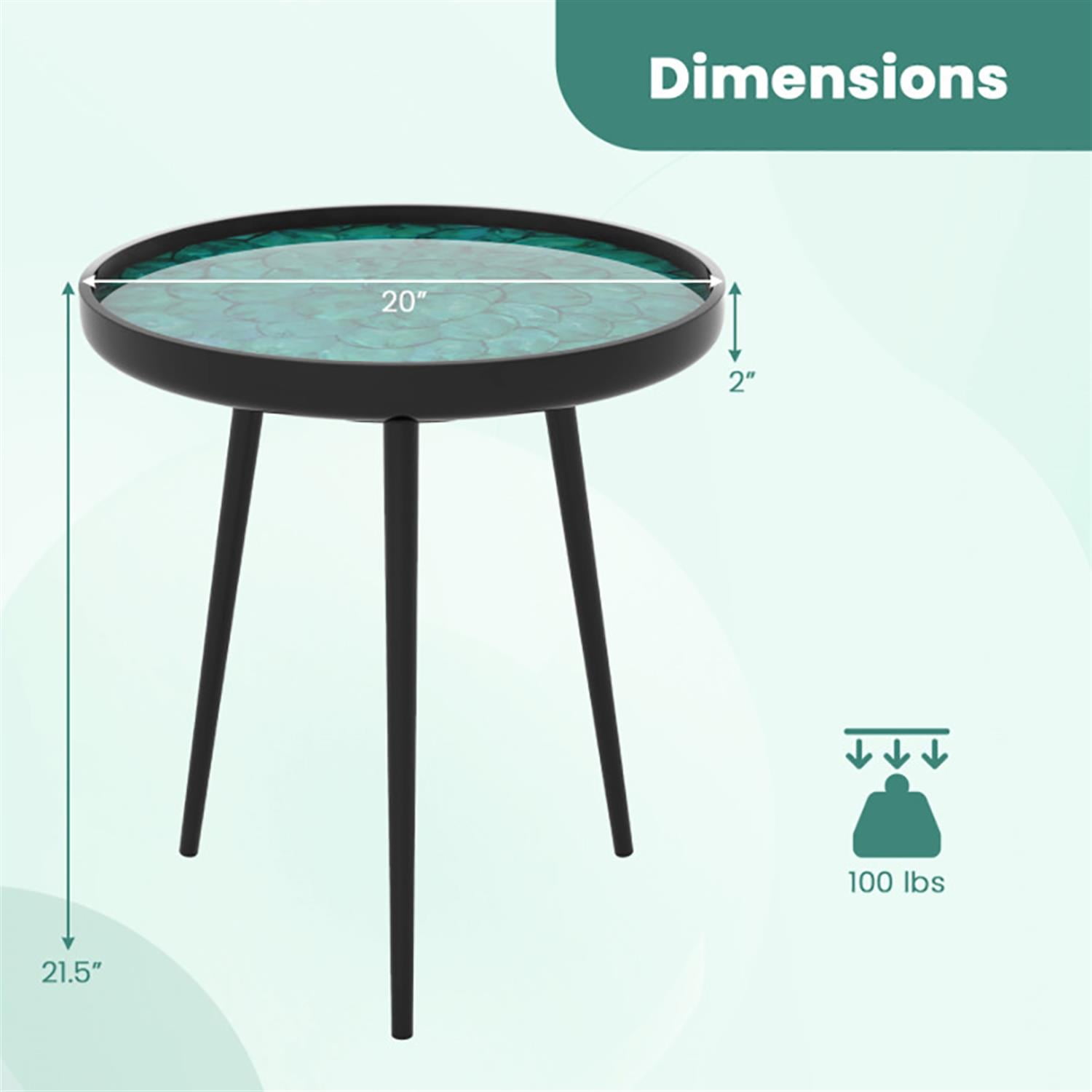 Demi Bonn 20" Round Sofa Side Table, Modern End Table with Sea Shell Decoration for Small Spaces, Living Room, Bedroom, Green