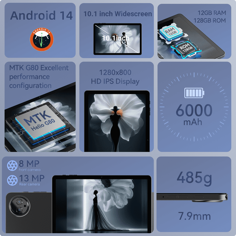 10.1 Inch Octa-Core Gray Android Tablet,12GB RAM,128 GB ROM, 8+