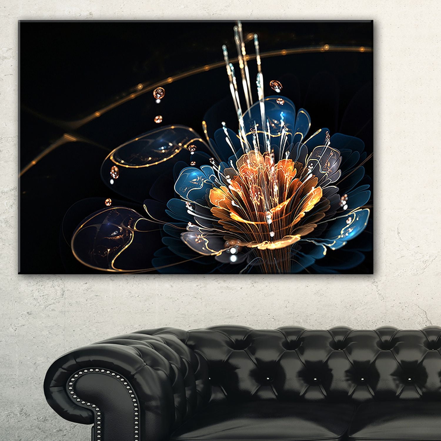 Tableau à toile imprimée numérique florale Design Art Fleur orange bleu avec gouttelettes d'eau