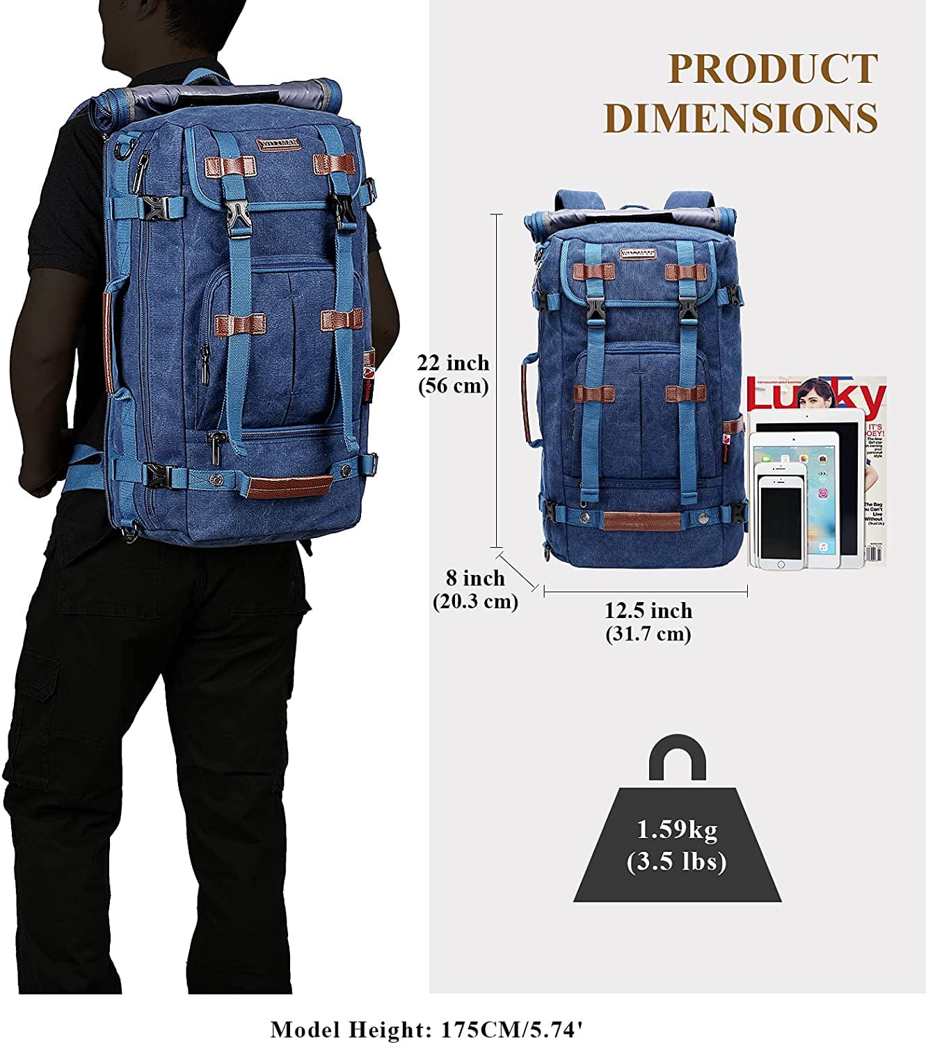 WITZMAN Travel Backpack for Men Large Canvas Backpack Luggage Carry on Duffel Bag A519-1 Blue