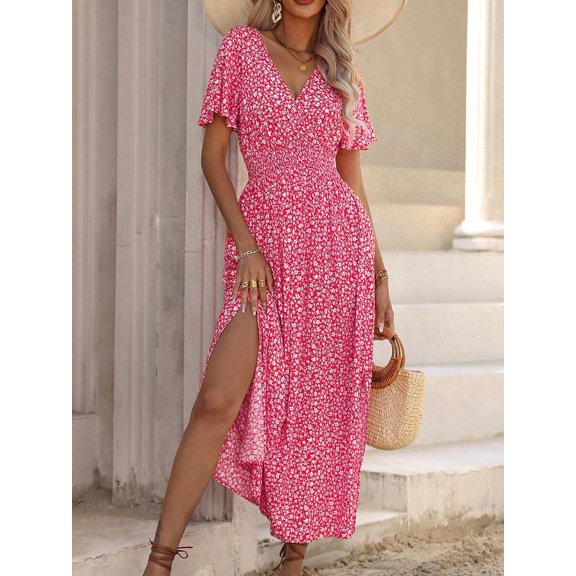 Womens Hot Pink V-Neck Short Sleeve Floral Print Maxi Dress With Slit