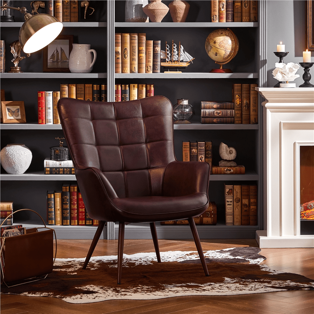 Alden Design Mid-Century Modern Faux Leather Wingback Accent Chair for Livingroom, Chestnut Brown