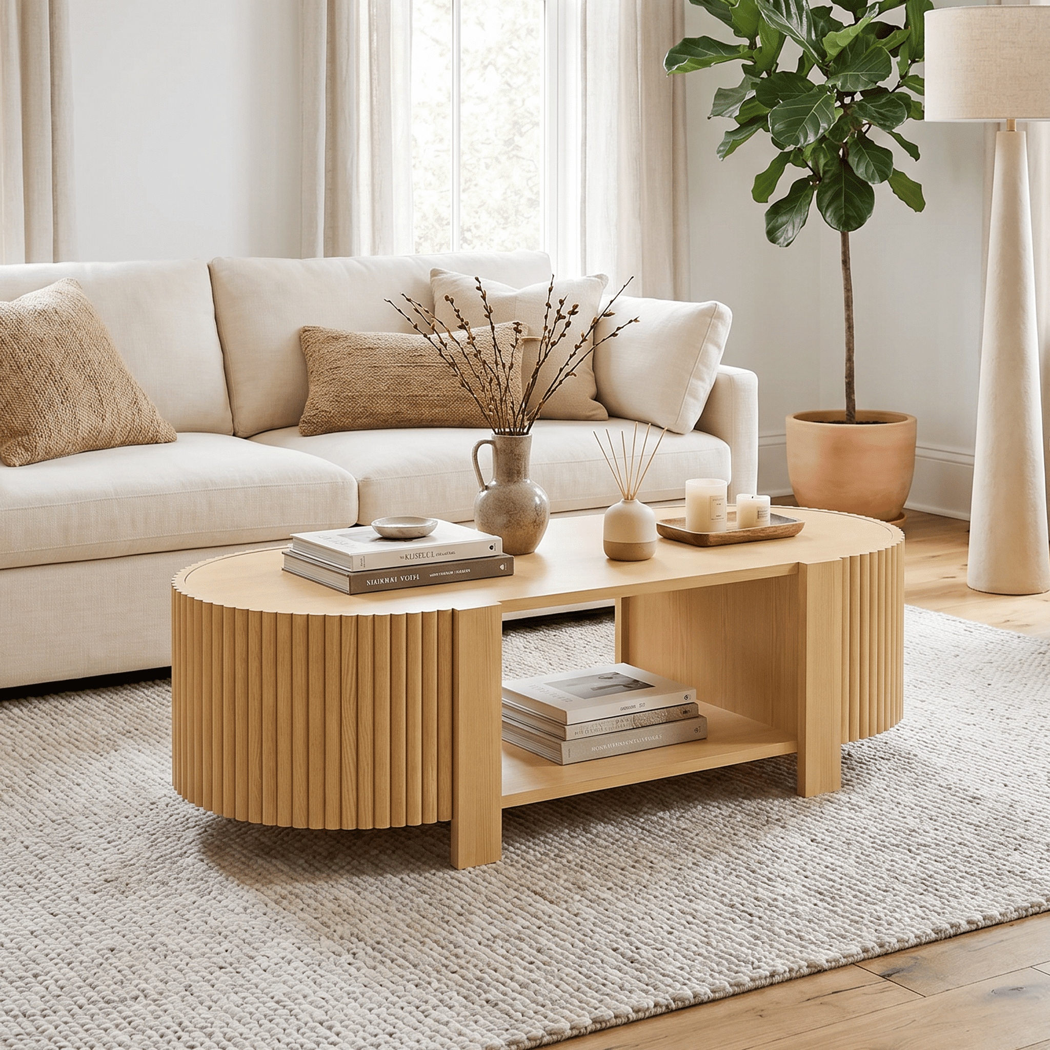 Homy Casa 47 in Fluted Coffee Table with Storage Cabinets and Open Shelf, Natural Oak