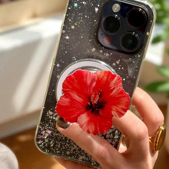 Red Hibiscus Phone Grip: Magnetic Floral Phone and E-Reader Holder