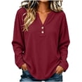 thumbnail image 2 of Womens Dressy Casual Blouses Tops Women Fashion V Neck Button Solid Color Long Sleeve Pullover Top Wine Xl, 2 of 6