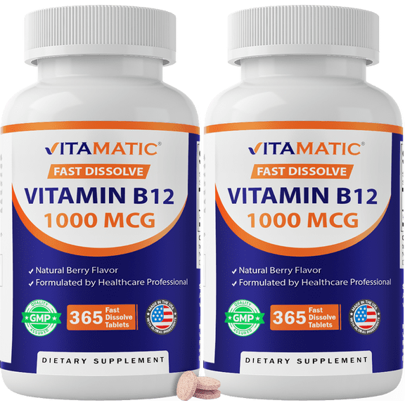 Vitamatic Vitamin B12 1000 mcg Fast Dissolve 365 Tablets - Berry Flavor - Supports Energy Metabolism - 2 Pack