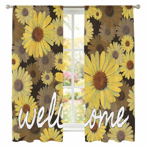 Spring Welcome Sheer Curtains 63 Inch Long 2 Panels Sunflowers Watercolors Art Yellow Black Rustic Light Filtering Rod Pocket Curtains, Sheer Voile Drapes for Living Room Bedroom 52"x63"