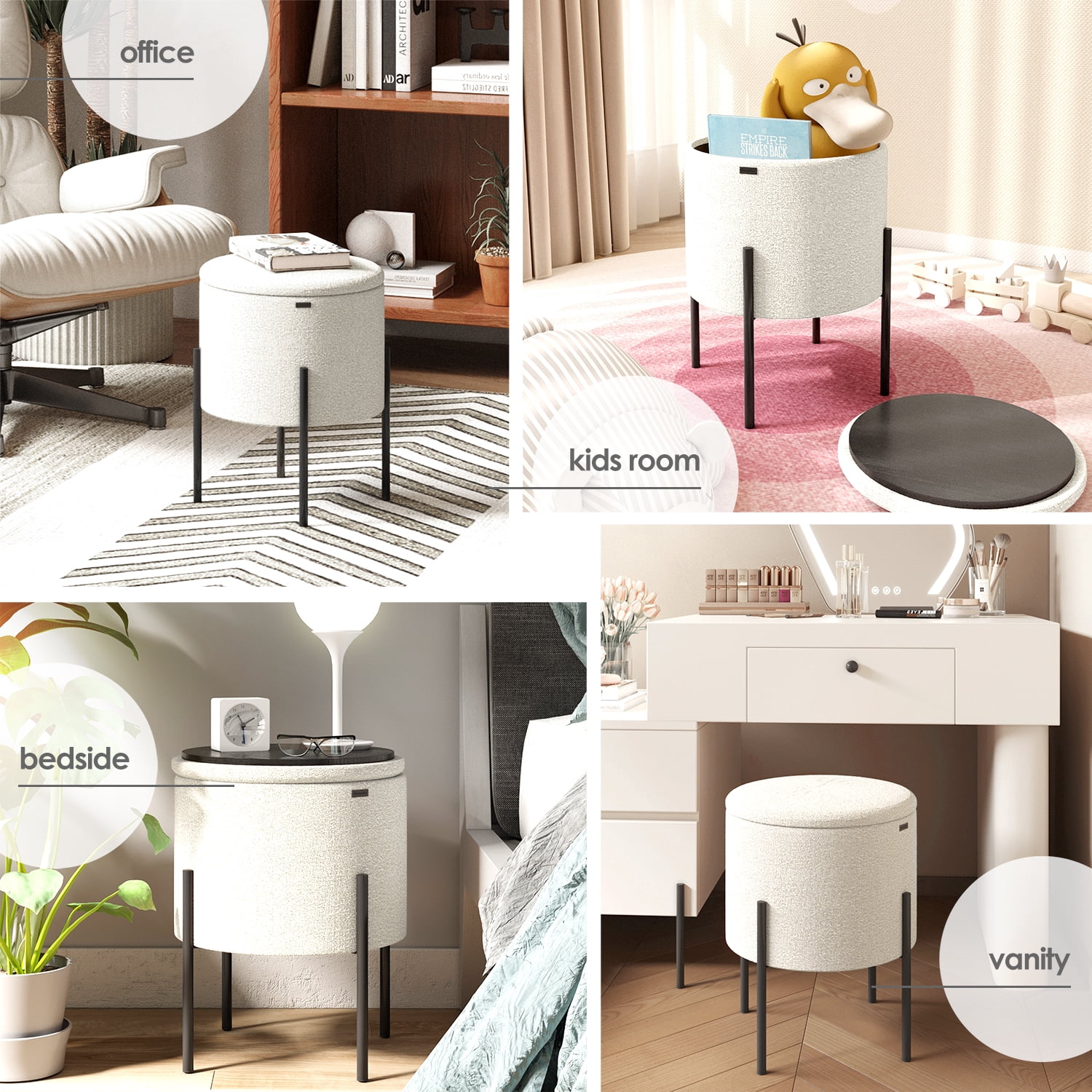 LammaLoe Small Round Ottoman with Storage, Boucle Ottoman Foot Stool with Lid, Upholstered Vanity Stool for Living Room & Bedroom, White
