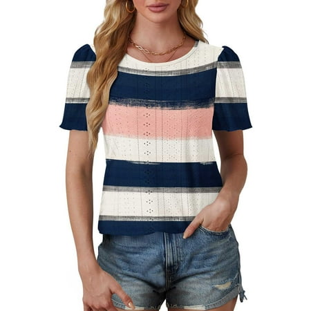 Patlollav Womens Summer Tops Casual Short Short Sleeve T Shirts Pleated Tunics Round Neck Work Blouse