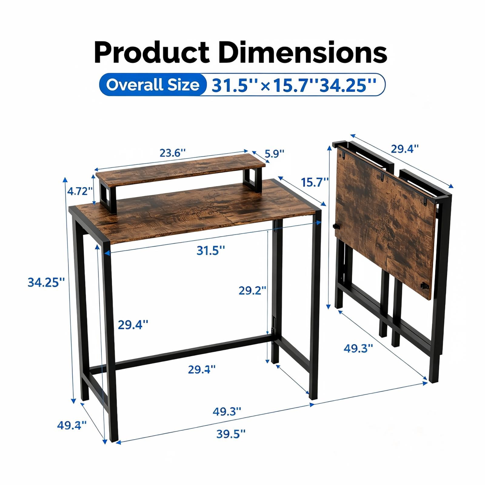 Astoutdoor Foldable Computer Desk with Shelf and Light, 31.5 in, Brown and Black