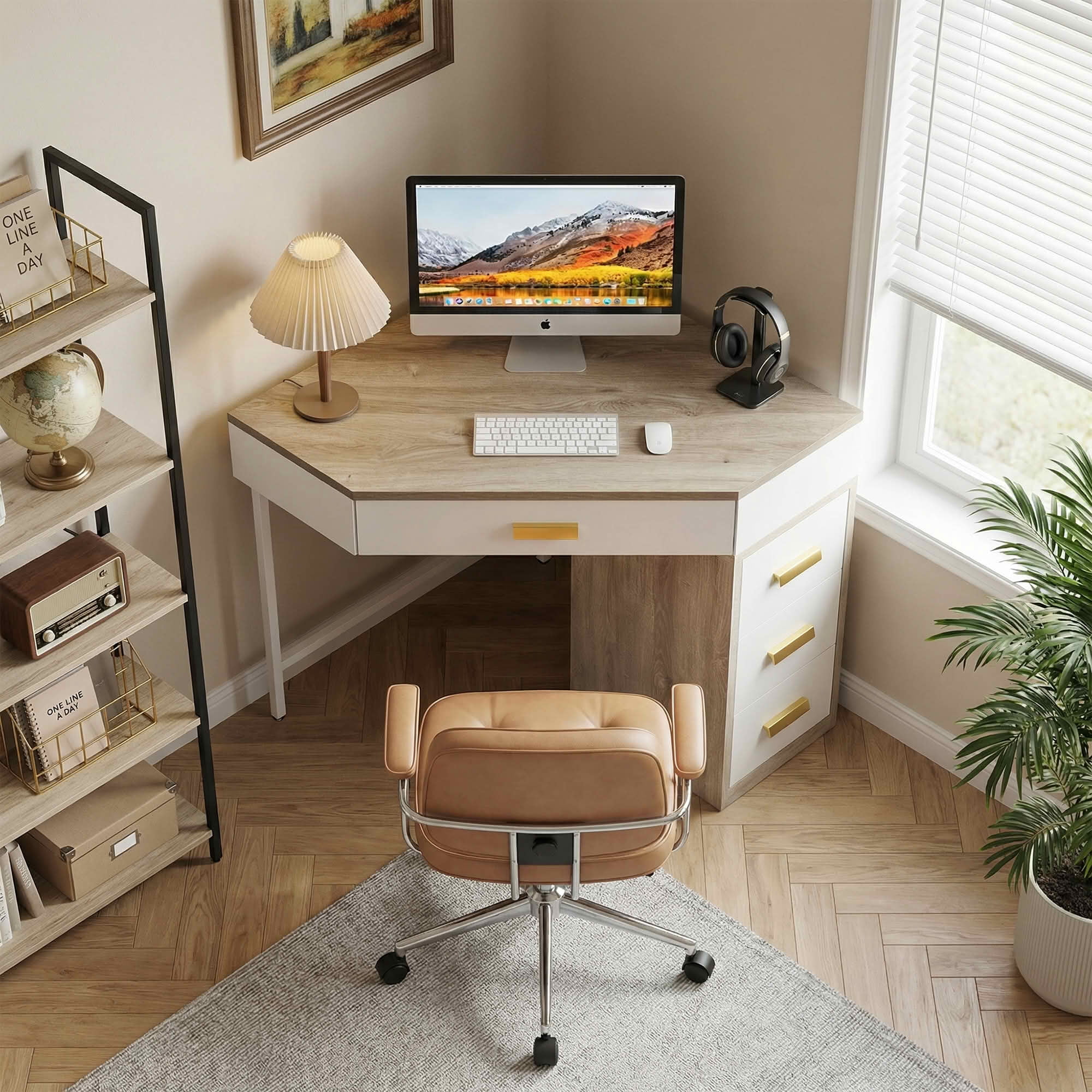 MAYEERTY 90° Triangle Corner Desk with 4 Drawers, Vanity Makeup Computer Desk