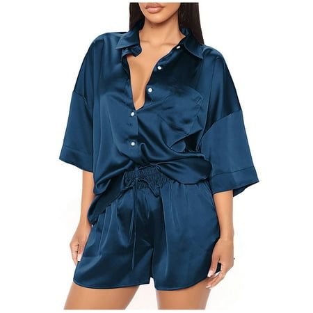 

Satin Pajamas Women s Short Sleeve Sleepwear Soft Silk Button Down Loungewear Pjs Elastic Waist Shorts Set S-XXL