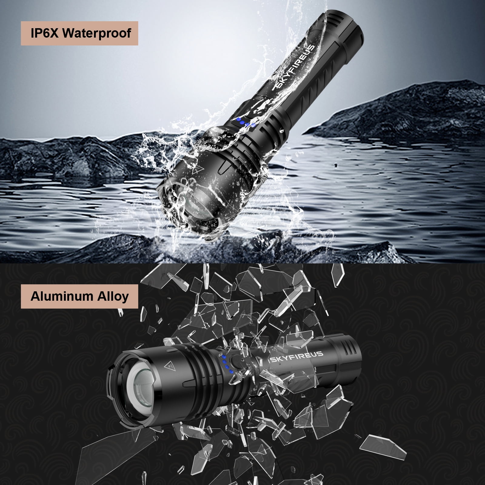 SKYFIRE XHP160 Super Bright 10000 Lumens LED Flashlight, Rechargeable 5000mAh, IP67 Waterproof, Zoomable, 5 Modes, High Power Tactical Flashlight for Camping, Hiking, Emergencies