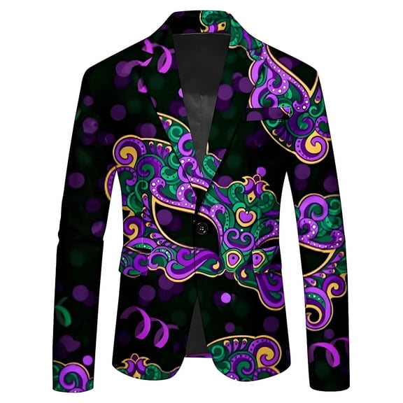 IWRICH Mardi Gras Jackets for Men Carnival Printed Blazer Slim Long Sleeve Button down Suit Jackets Holiday Sport Coat 08-Purple XL