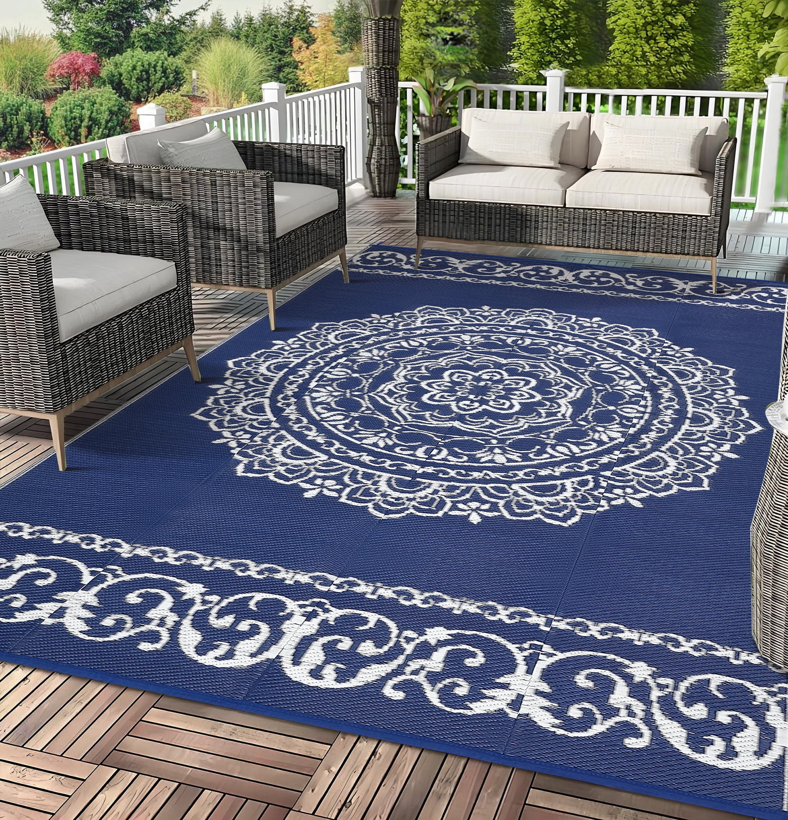 GlowSol 9x18 Outdoor Rug Waterproof Carpet Patio Rug Indoor Outdoor Area Rug Reversible Rug for Picnic Beach Deck-Outdoor, Dark Blue/White