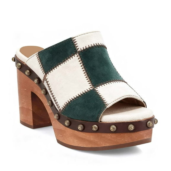 XYD Women Clog Mules Open Toe Multicolor Patchwork Platform Block Heels Rivets Studs Slip-ons Retro Shoes Size 7 Green White