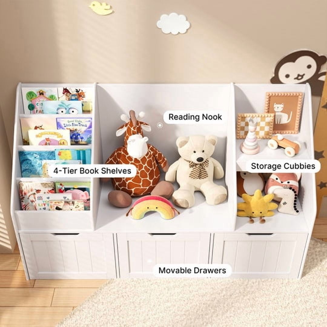 Aiho 48"Kids Bookshelf, Toy Storage Organizer with 3 Drawers on wheels & 4-Tier Book Racks, Toy Storage Organizer for Playroom Bedroom - White
