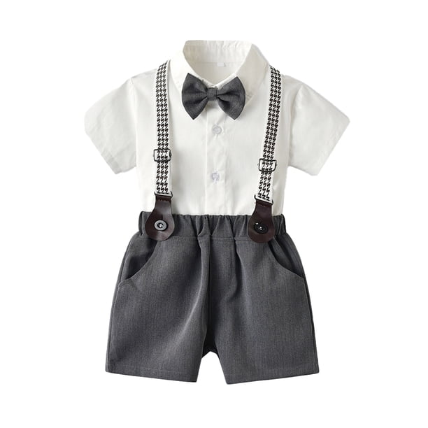 Sonducket Camisa de manga corta con botones para niños, conjunto de pantalones, ropa de fiesta con lazo, pantalones cortos con bolsillos conjuntos de ropa Gris 130cm