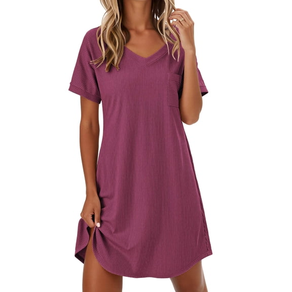 Ekouaer Womens Nightgowns Short Sleeve Sleepshirt V Neck Top Shirt Dress Soft Nightshirts Loose Loungewear