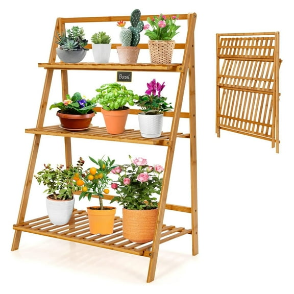 3 Tier Folding Storage Shelf, Bamboo Ladder Plant Stand, Multiple Flower Pot Holder Succulent Display Rack, Foldable Shelving Unit for Balcony Garden Living Room Indoor Outdoor