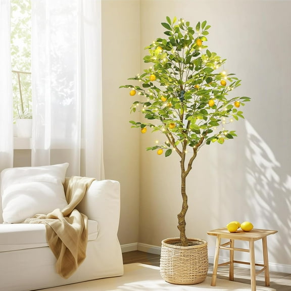 Rugerasy 6FT Artificial Lemon Tree with Lights, Faux Plant with Fruits for Home