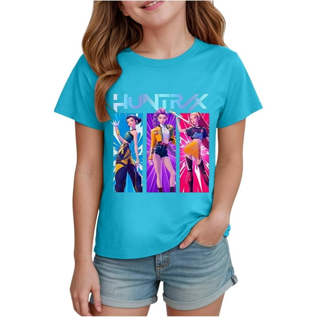 K pop Demon Chandail pour Filles, T-Shirt Graphique Mignon avec Dessin Animé, T-Shirt Tendance et Drôle, Chandail pour Enfants, Hauts Roses, Manches Courtes, Col Ras du Cou