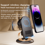 YOUSOKU Induction Speaker, 5-in-1 Cell Phone Stand with Stereo Sound and Wireless Charging, Adjustable Holder for IPhone Android, Tech Gadget Gifts for Men Women