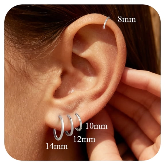 Suplight Silver Hoop Earrings for Women Men 8/10/12/14/16/18/20MM Small Huggie Hypoallergenic Nickel Free Christmas Jewelry Gift