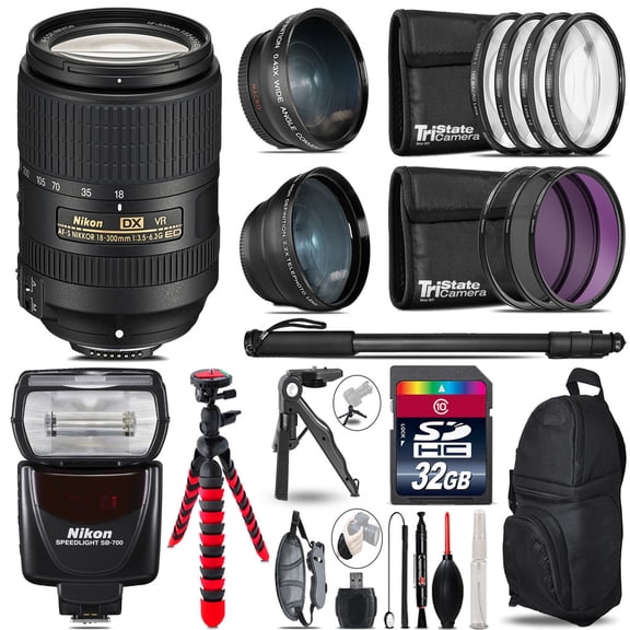 Nikon DX 18-300mm VR SB-700 AF Speedlight - 3 Lens Kit - 32GB Accessory Kit (International Version)