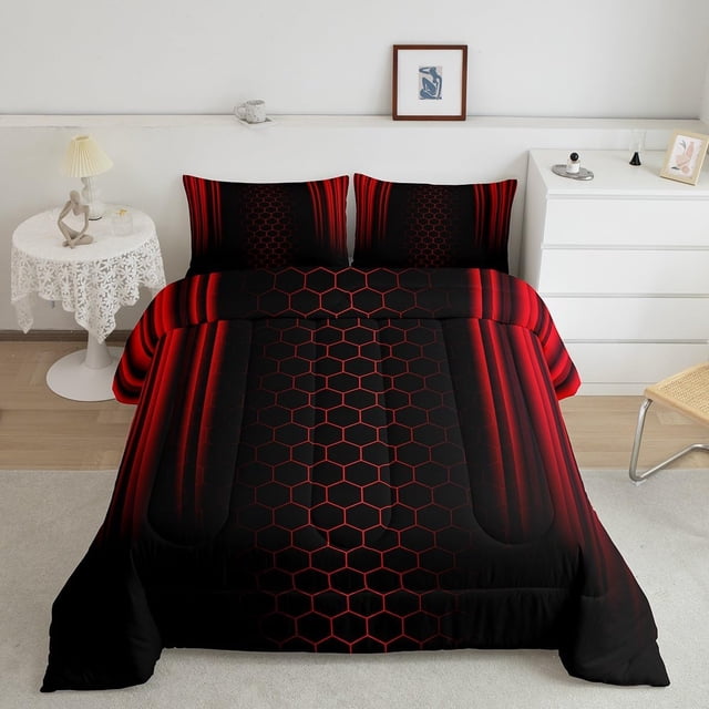 Juego de edredón Ombre Queen Size, Juego de edredón nido de abeja rojo con 2 fundas de almohada,