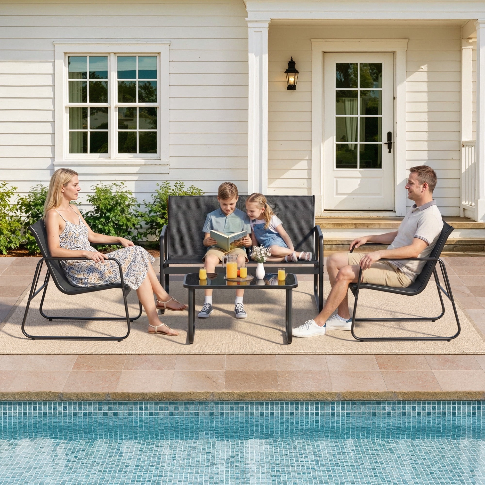 4 Piece Outdoor Patio Furniture Set, Modern Black Conversation Set with Loveseat, Chairs & Glass Table for Porch, Balcony, Garden, Backyard, Poolside