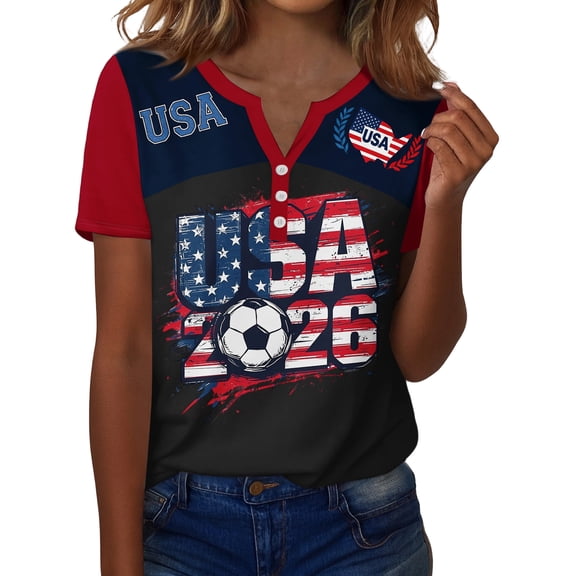 KDDYLITQ USA Soccer Jersey Women Soccer Cup 2026 Short Sleeve Henly Neck Button Shirt USA Print Lightweight Soccer Fan Jersey Black 2XL