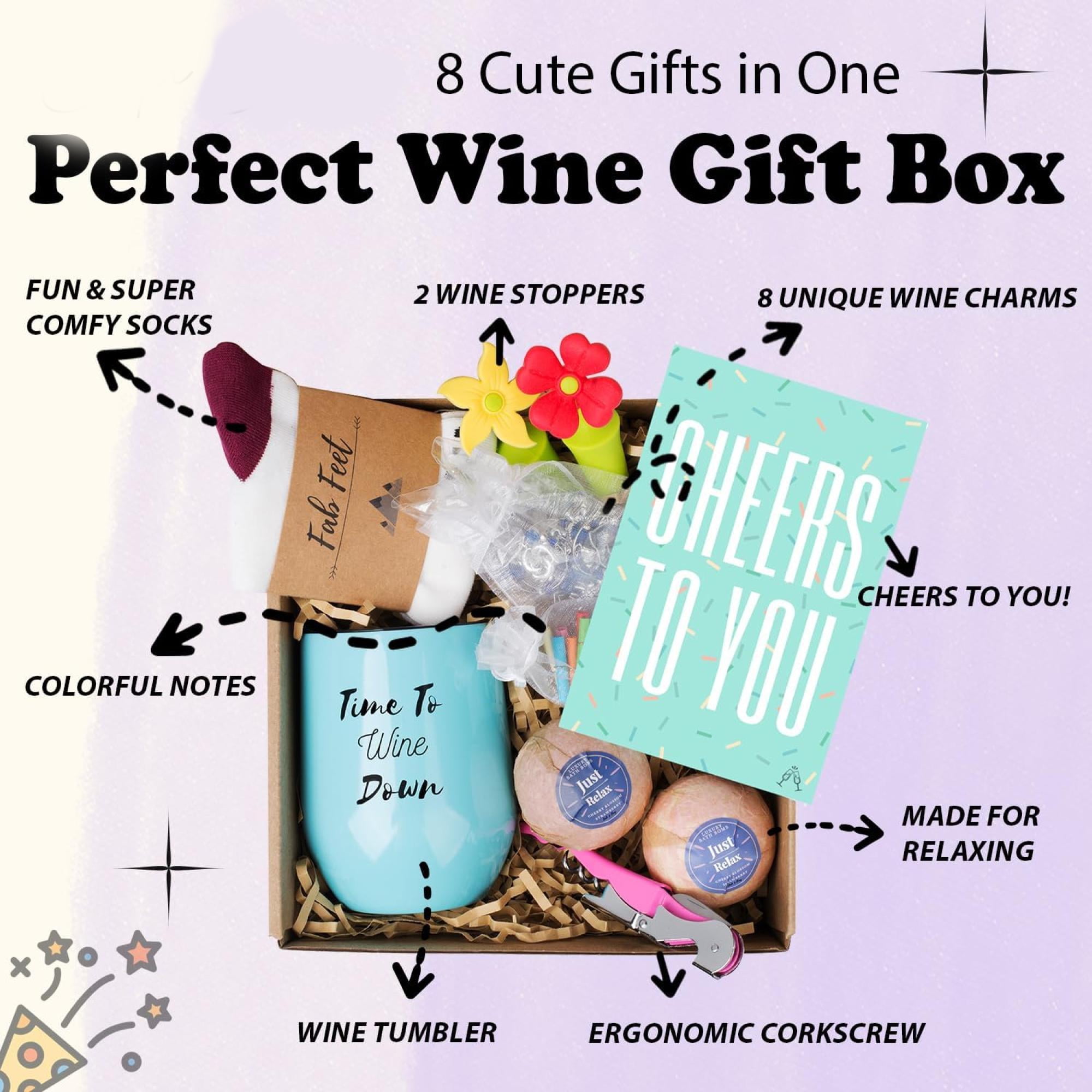 Gift Basket - 8 Gift Includes Wine Tumbler Bath Bombs Wine Charms Comfy Socks