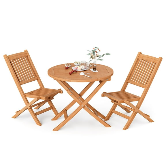 Gymax 3PCS Outdoor Indonesia Teak Wood Bistro Dining Set Folding Chair & Table Slatted  Patio