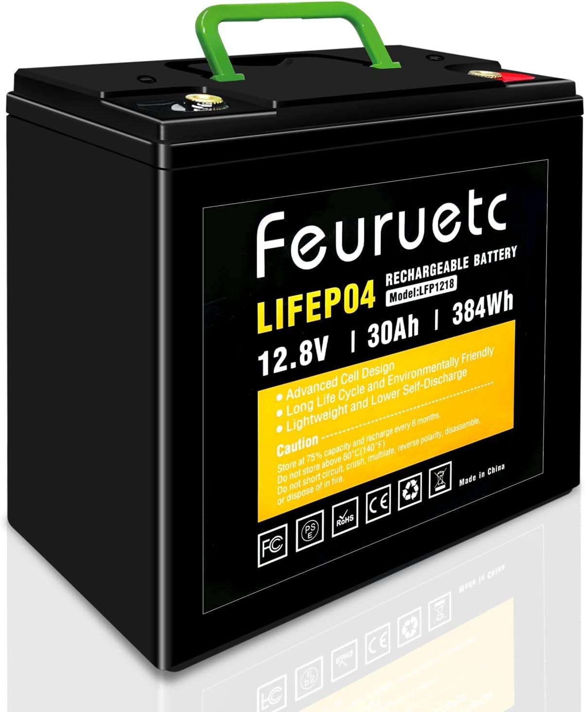 Feuruetc 30Ah 12V LiFePO4 Battery 5000+ Deep Cycles Maintenance-Free Rechargeable Battery Low Self-Discharge & Light Weight with Built-in BMS for Fish Finder, RV, Boat, Power Wheels,Emergency Light