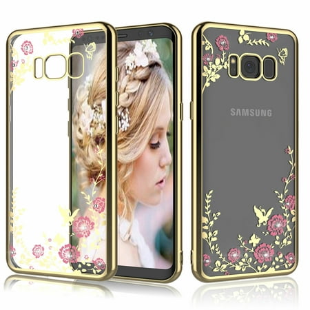 Case For Samsung Galaxy S9 / S9 Plus / S8 / S8 Plus / S7 / S7 Edge, Tekcoo Tflower Retro Flower Pattern Slim Transparent Sparkle Glitter TPU Bumper Case Cover