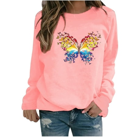 

Womens Casual Oversize Sweatshirt Butterfly Print Shirts Tops Long Sleeve Creawneck Comfy Lightweight Pullover Blouses Loose Fit Plus Size Fall Tunic Tops