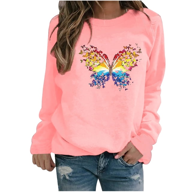 Hauts Décontractés d'Hiver pour Femmes Chandail en Molleton à Imprimé Papillon Blouse Tee Chandail